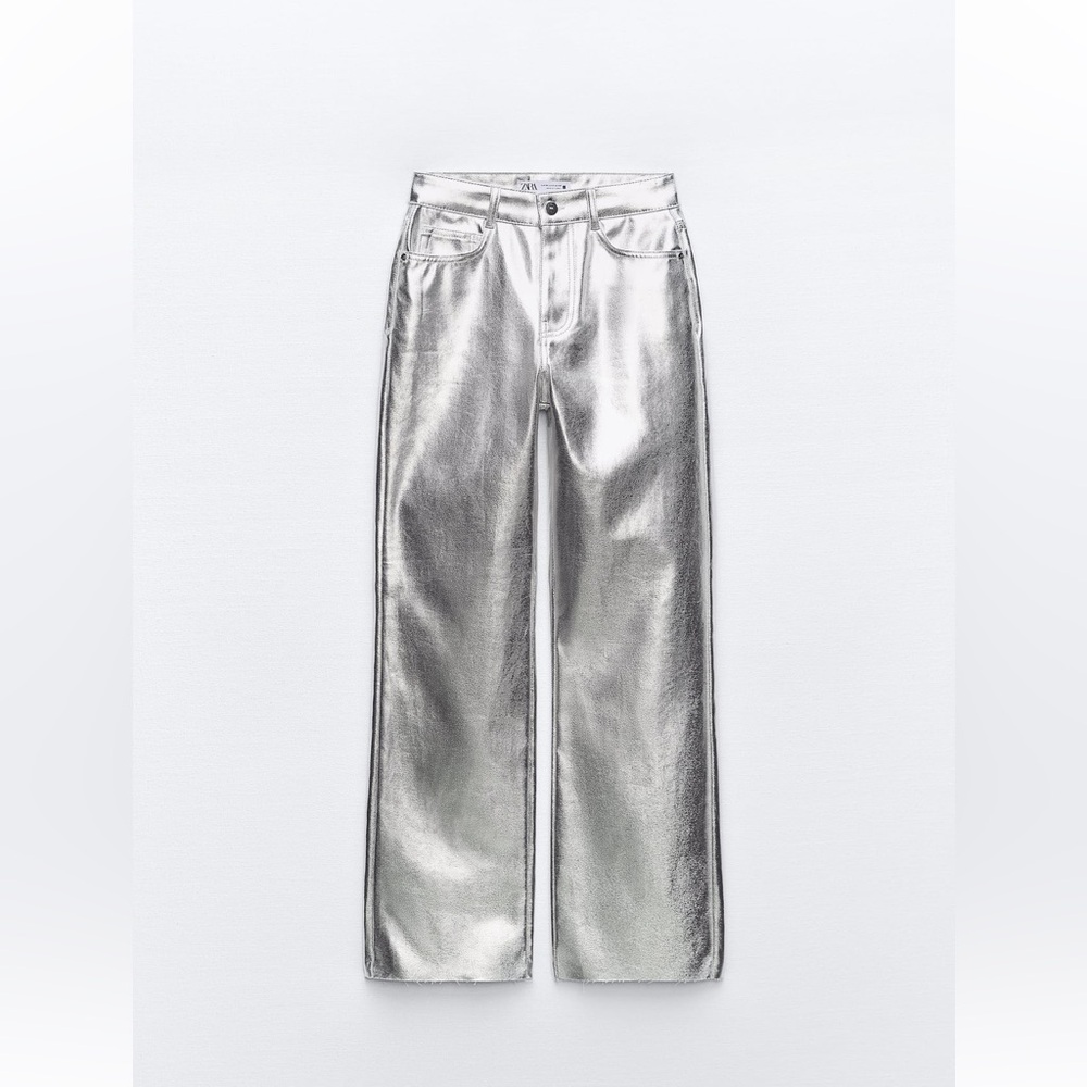 Zara Metallic Silver High-Rise Wide-Leg Jeans